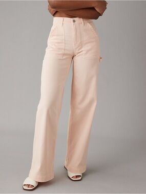 American Eagle Super High Rise Baggy Wide Leg Light Pink Cargo Pants size 4 Reg